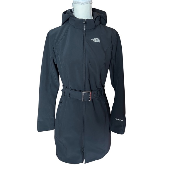 The North Face Apex Black Softshell Belted Trench Coat Hooded Womens Small - Picture 1 of 10